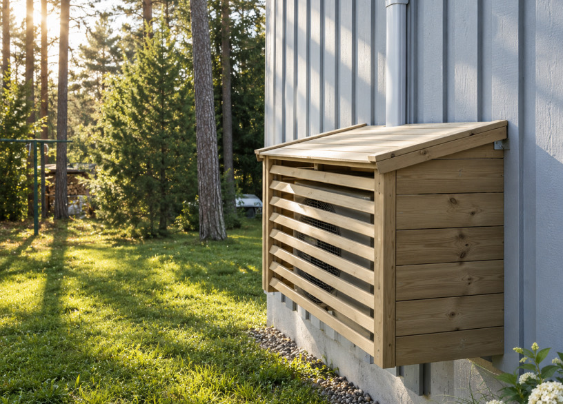 Varmepumpehus i tre mot en grå trevegg