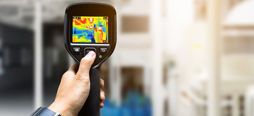 Thermal camera showing a building's heat image