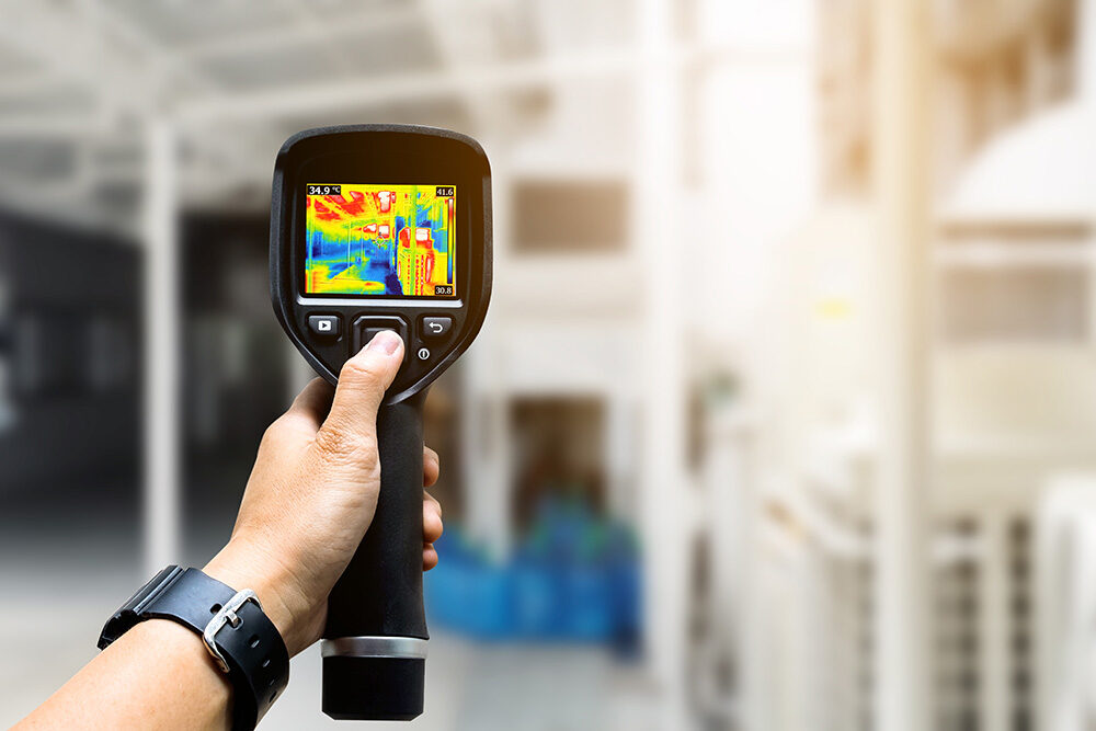 Thermal camera showing a building's heat image